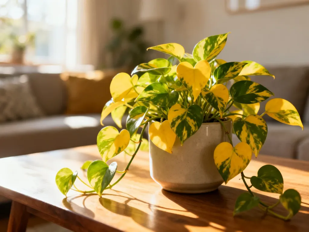 Bujne Epipremnum aureum w ceramicznej doniczce na drewnianym stole, oświetlone promieniami porannego słońca.