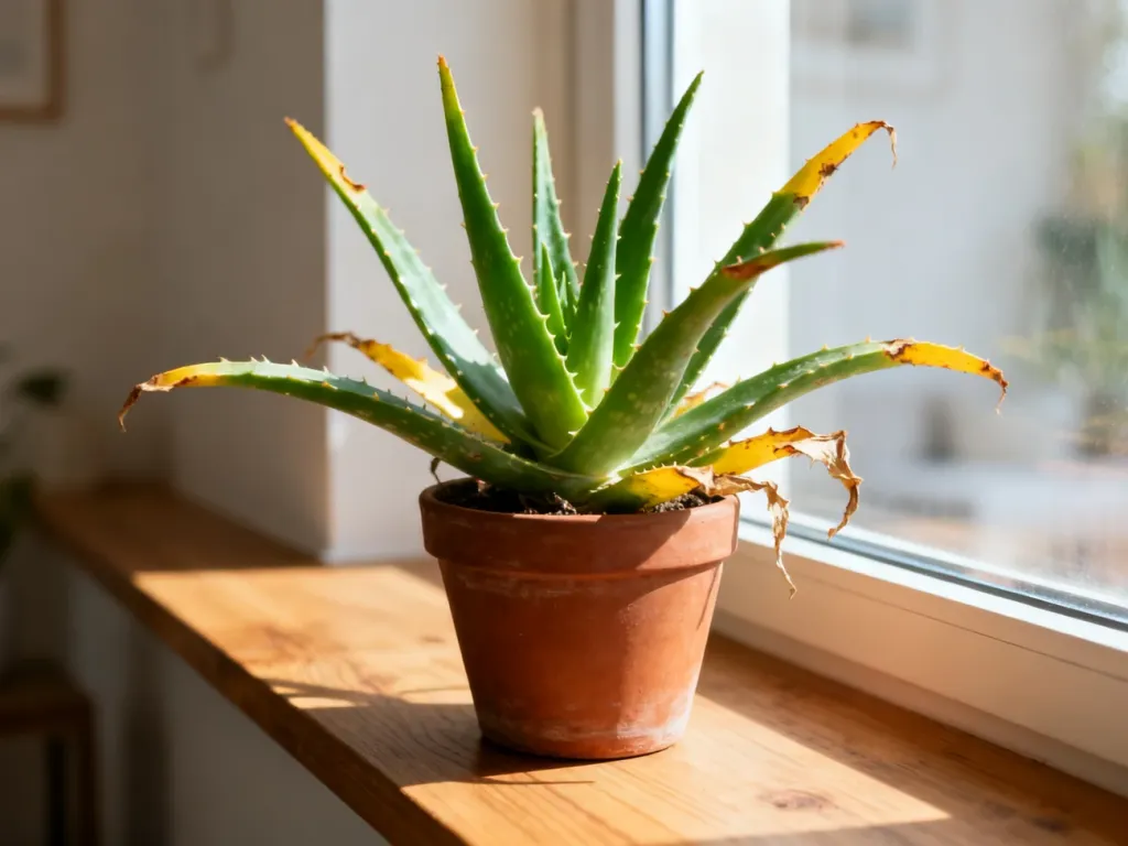 Aloes w doniczce na parapecie z widocznymi żółknącymi końcówkami liści, sygnalizującymi problemy z pielęgnacją rośliny.
