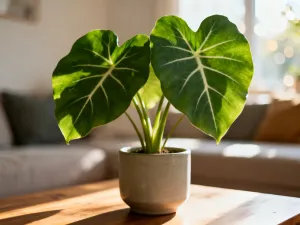Starannie uformowane drzewko bonsai w ceramicznej doniczce na drewnianym stole w słonecznym ogrodzie.