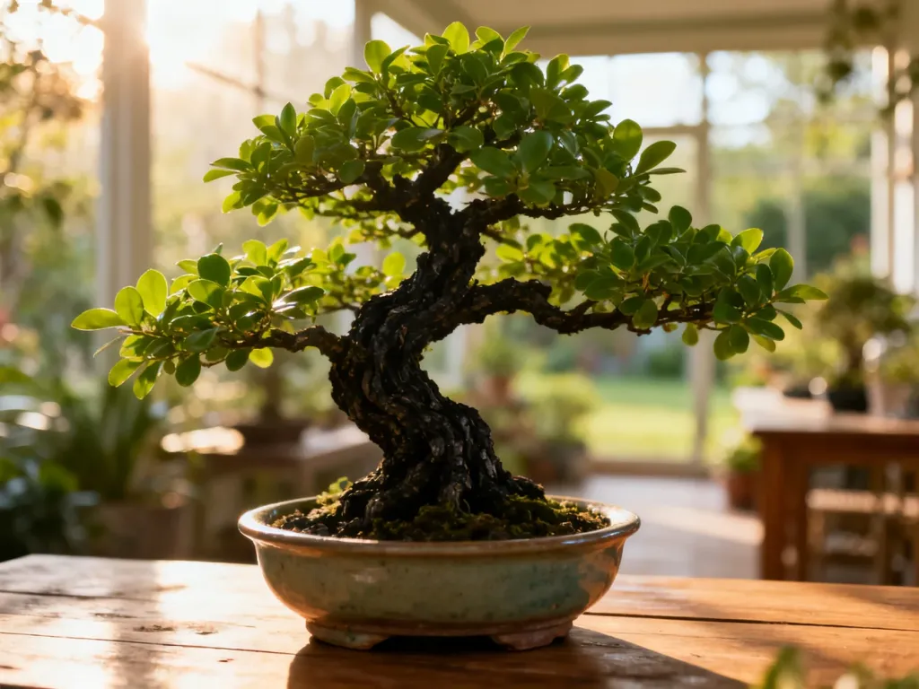 Starannie uformowane drzewko bonsai w ceramicznej doniczce na drewnianym stole w słonecznym ogrodzie.