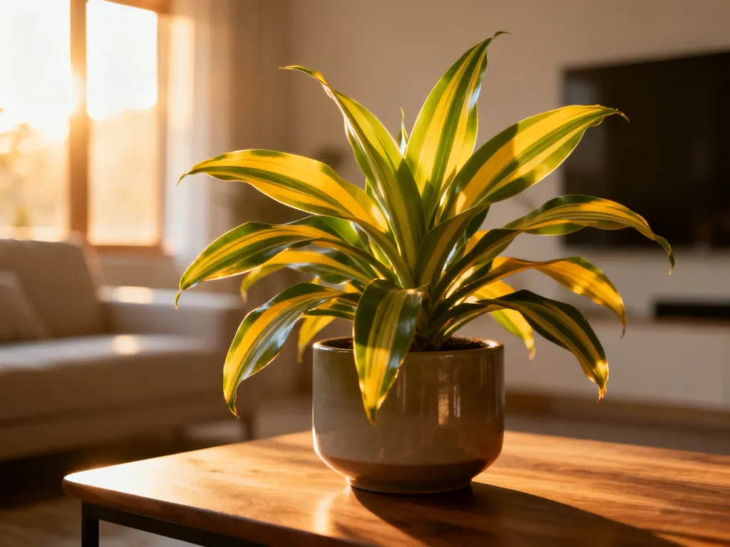 Dracena fragrans o błyszczących, zielono-żółtych liściach w nowoczesnej doniczce na drewnianym stole w słonecznym salonie.